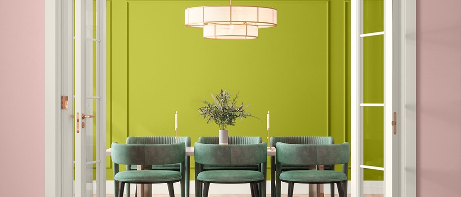 Dulux 2024 design colour trends V3 traditional dining room Willow Herb green wall